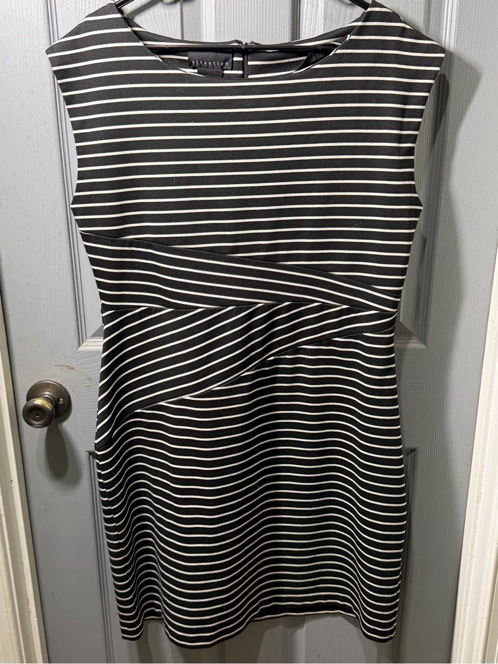 attention Black and White Striped Sleeveless Sheath Dress